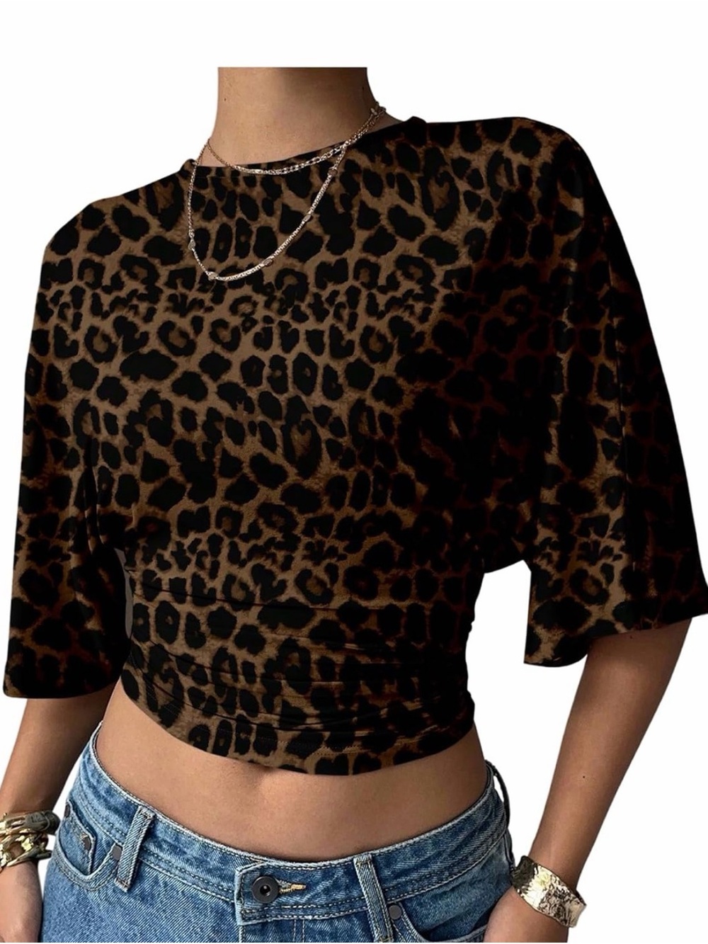 Leopard Print cinched waist half sleeve Top - Brown NWOT